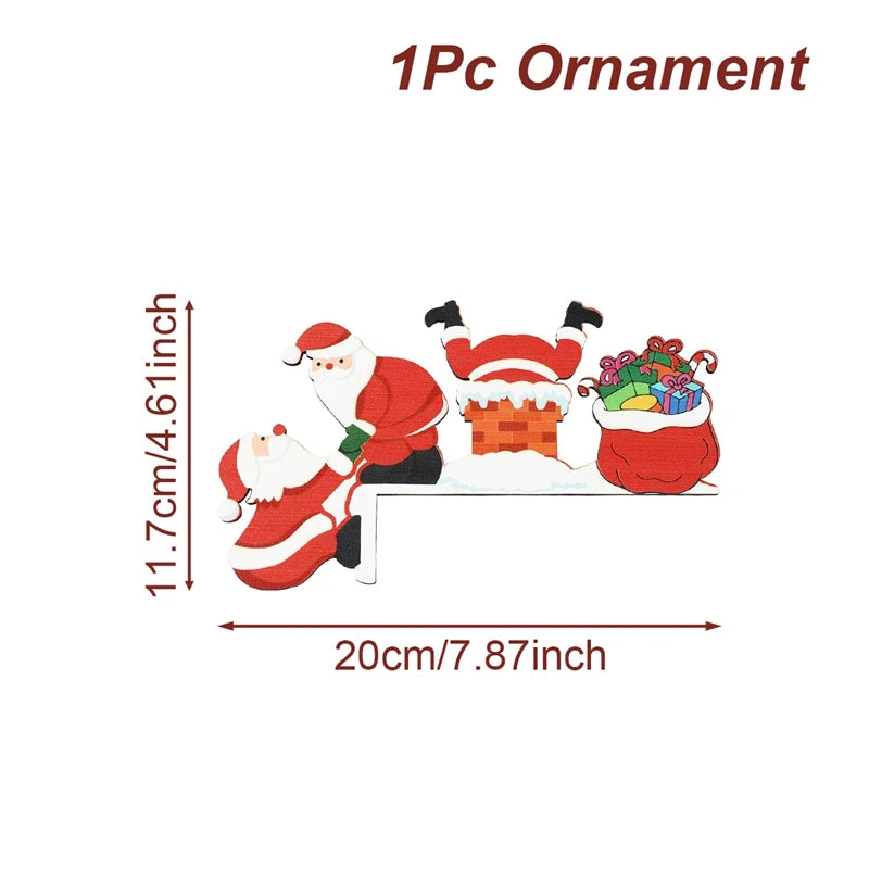 Red Santa door corner decoration with chimney, gift sack and dangling Santa on white, labeled 20 cm wide and 11.7 cm high.