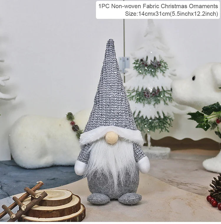 Gray Christmas gnome with a sparkling silver pointed hat and white beard stands beside wood slices, with a 14 × 31 cm label.