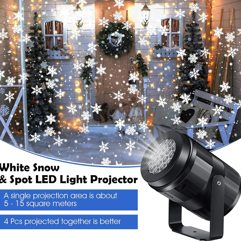 Black light projector beside a Christmas porch covered in white snowflakes and spots, with a 5–15 square metre projection area label.