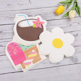 A set of cute, die-cut paper napkins featuring cartoon illustrations, including a coconut drink with a pink flower, a pink popsicle, and a white daisy flower. The napkins are arranged on a light gray wooden background with yellow tulips in the corner.