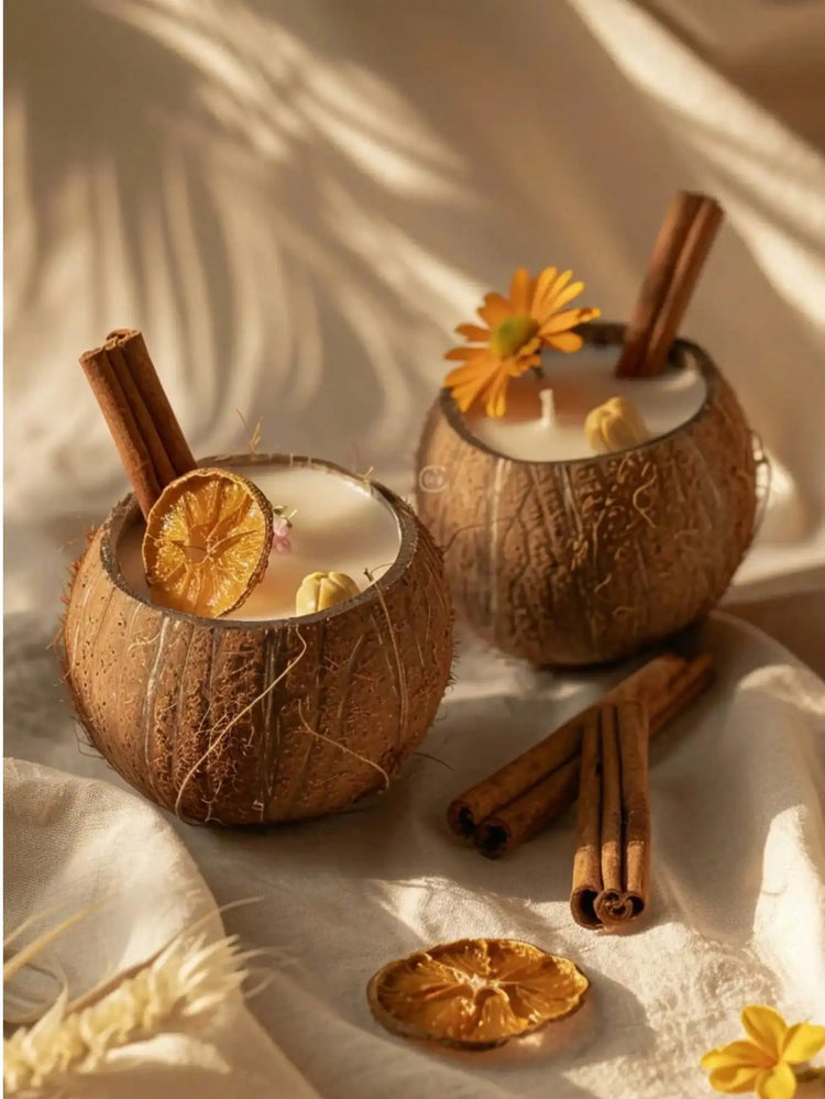 Two coconut shell candles with cinnamon sticks and dried orange slices in warm light