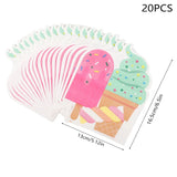 A set of 20 paper party napkins featuring colorful ice cream and popsicle illustrations, shown fanned out with dimension markings indicating 13cm by 16.5cm.