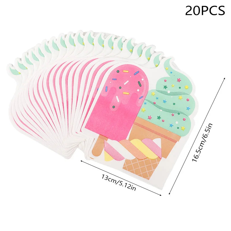A set of 20 paper party napkins featuring colorful ice cream and popsicle illustrations, shown fanned out with dimension markings indicating 13cm by 16.5cm.