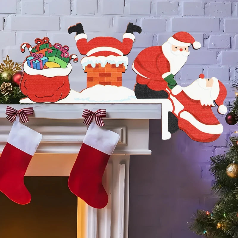 Red Santa door corner decoration with a chimney and gift sack rests on a white mantel above red stockings.