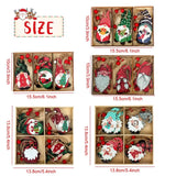 Wooden gnome Christmas ornaments fill five compartmented boxes, with box dimensions labeled 10 × 15.5 cm and 13.8 × 13.8 cm.