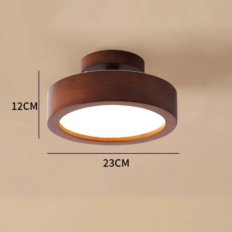Walnut wood flush mount ceiling light, dimension diagram, 12cm tall profile