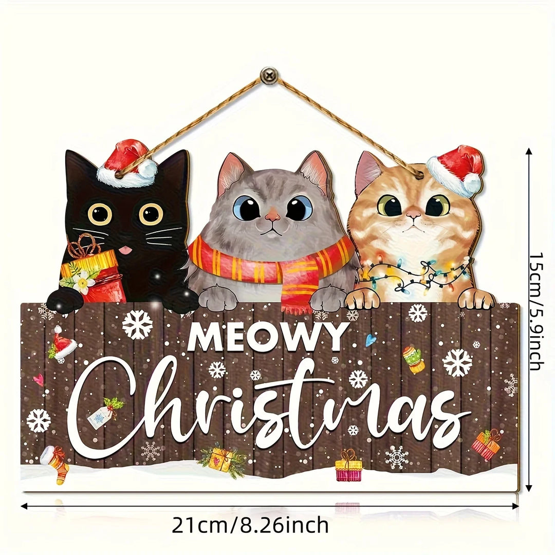 Three-cat Meowy Christmas hanging sign appears on white with size labels showing 21 cm wide and 15 cm high.