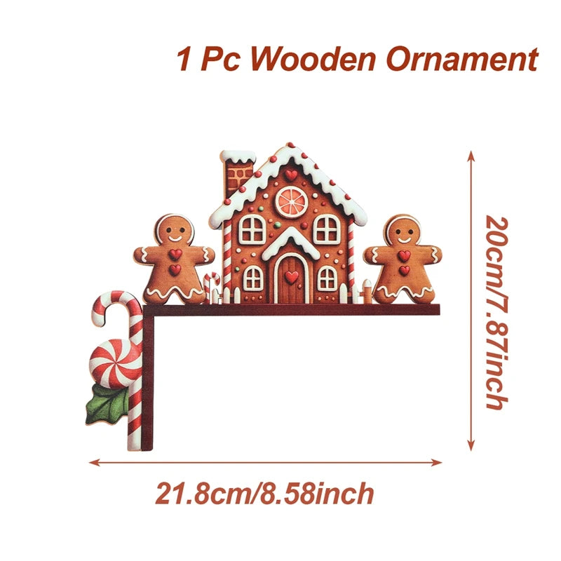 Wooden gingerbread house door corner decoration with gingerbread figures and a candy cane is labeled 21.8 cm wide and 20 cm high.