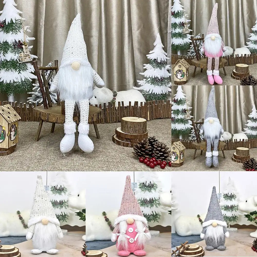 Collage shows white, pink, and gray gnomes in dangling-leg and short seated styles among miniature Christmas trees and wooden decorations.