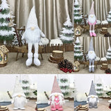 Collage shows white, pink, and gray gnomes in dangling-leg and short seated styles among miniature Christmas trees and wooden decorations.