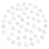 White wood snowflake ornaments with assorted branching and openwork patterns are arranged separately across a plain white background.