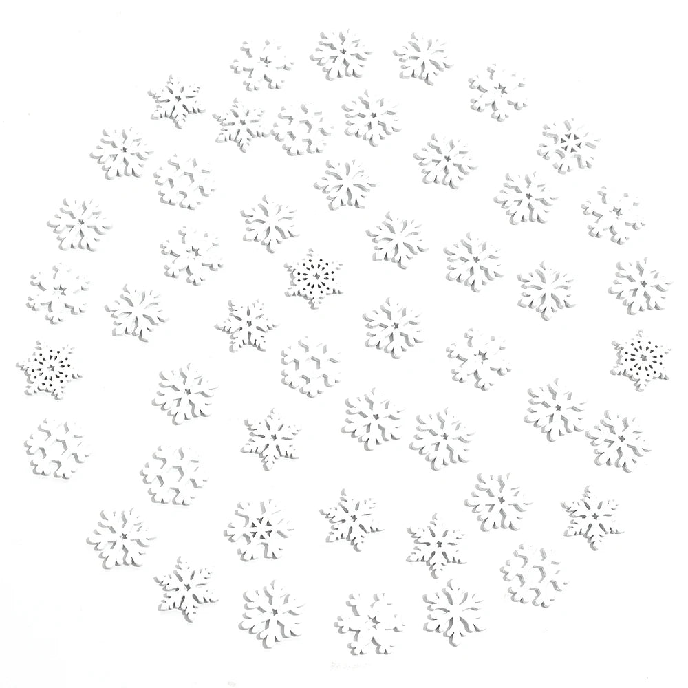 White wood snowflake ornaments with assorted branching and openwork patterns are arranged separately across a plain white background.