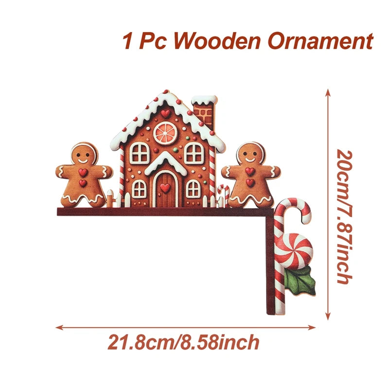 Wooden gingerbread house door corner decoration with two gingerbread figures and a candy cane on white, labeled 21.8 cm wide and 20 cm high.