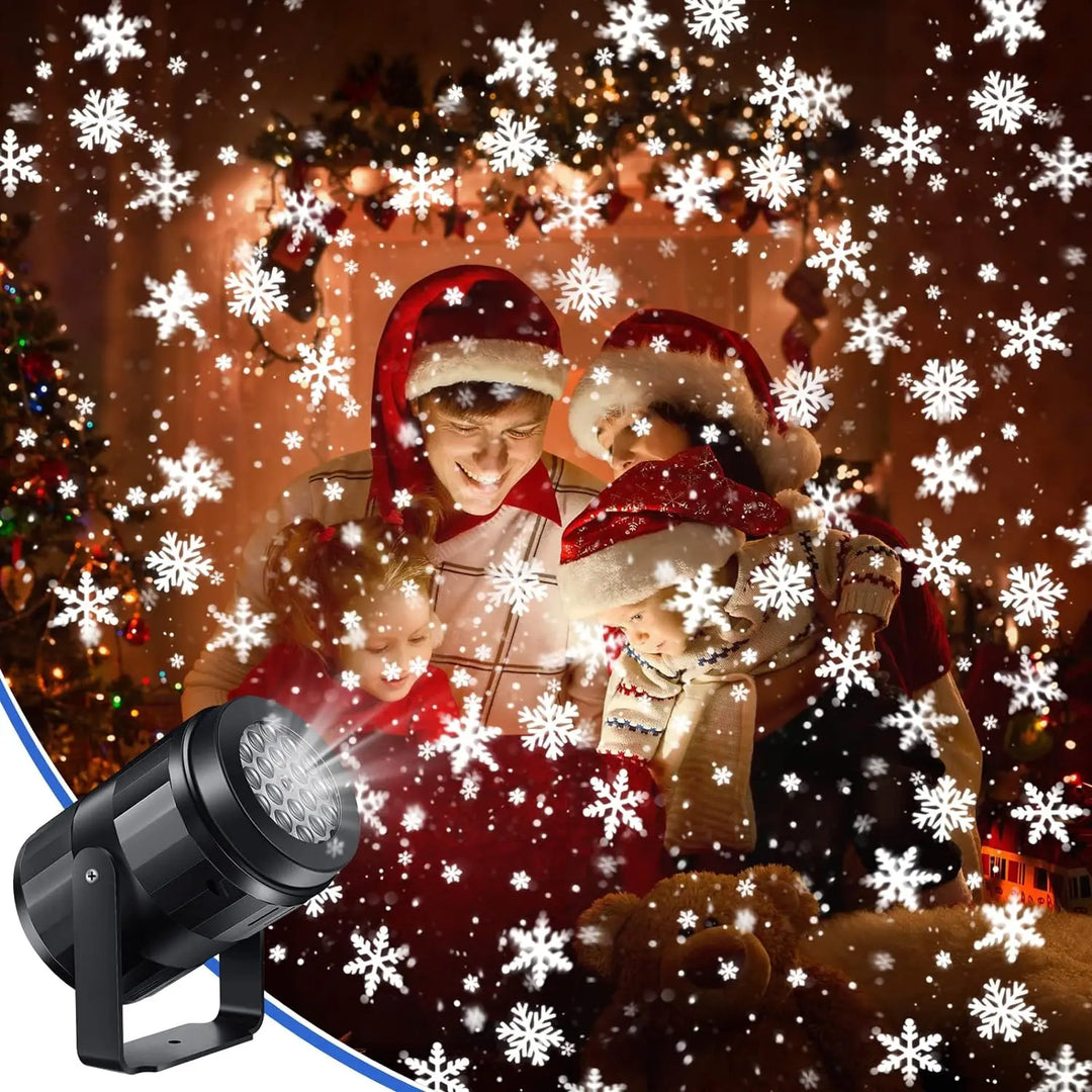 Black light projector beside a family wearing Santa hats in a warmly lit Christmas room covered in white snowflake patterns.