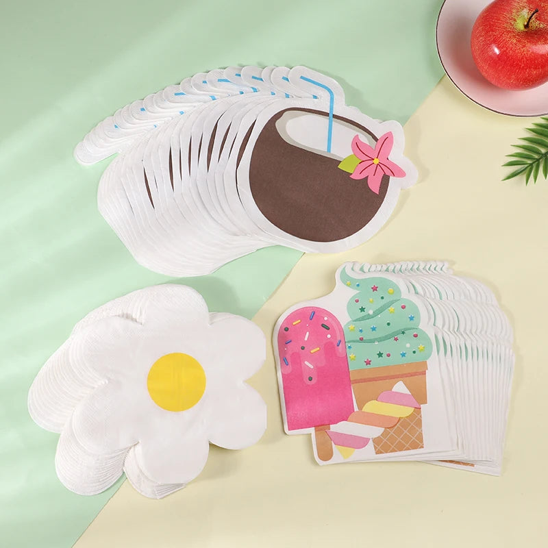 Set of paper coasters with various designs on a light green and beige background