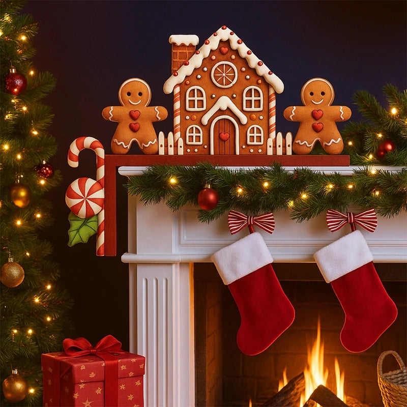 Brown gingerbread house door corner decoration with white icing details sits on a white mantel above red stockings and illuminated garland.