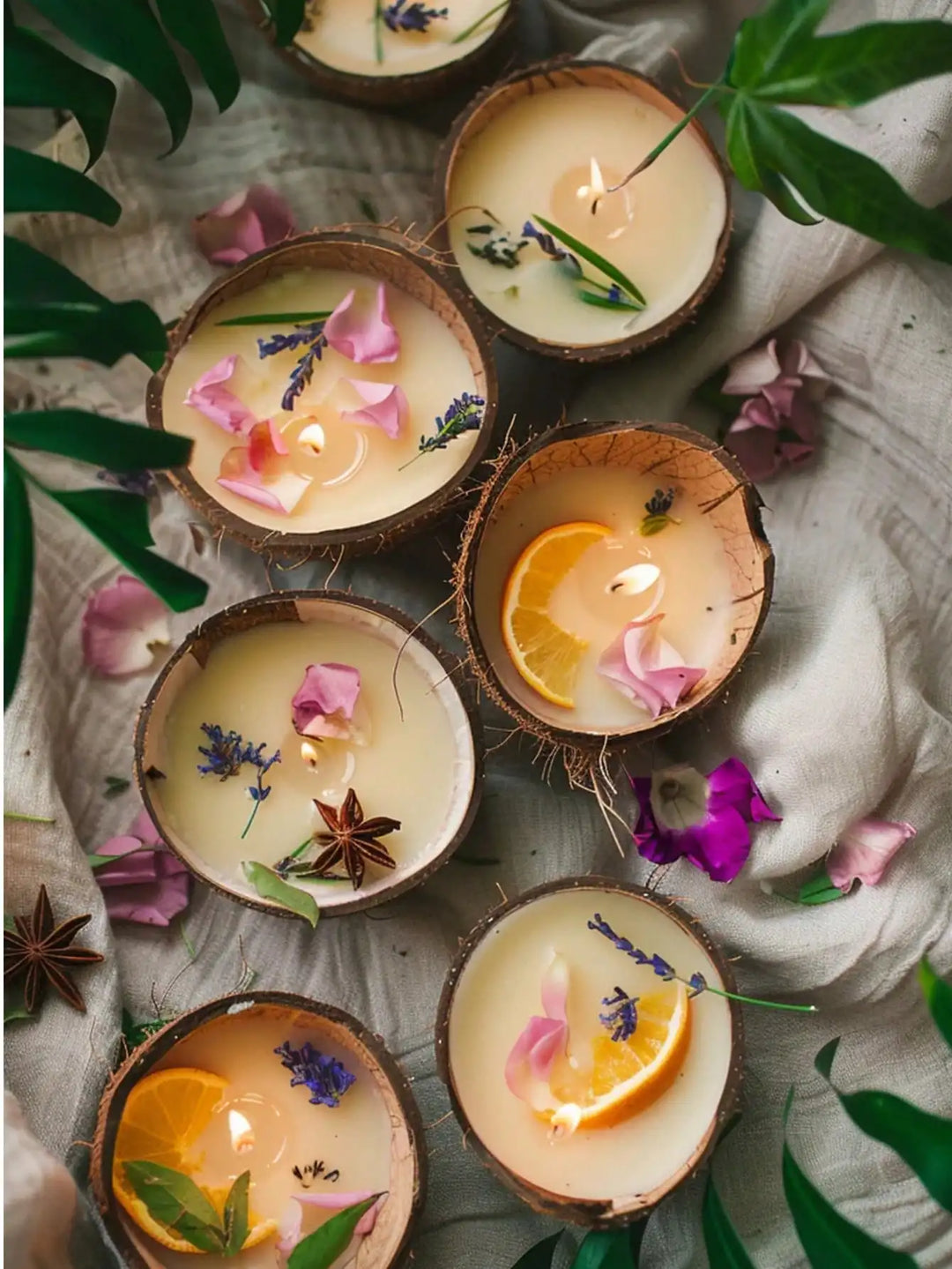 Six coconut shell candles topped with lavender, orange slices and rose petals