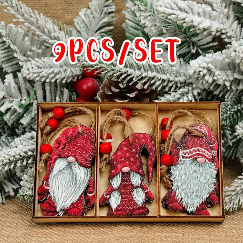 Red wooden gnome Christmas ornaments with white beards and beaded hanging cords fill a divided tray beneath a nine-piece label.