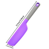 Purple spatula with gray handle and measurements on a white background