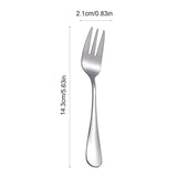 A stainless steel dinner fork shown vertically on a white background with dimension lines and text indicating a height of 14.3cm (5.