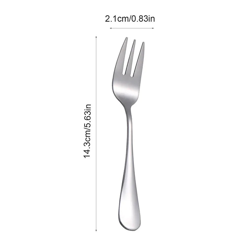 A stainless steel dinner fork shown vertically on a white background with dimension lines and text indicating a height of 14.3cm (5.