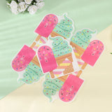 A set of die-cut paper napkins featuring a watercolor-style ice cream and popsicle pattern in pink, mint green, and tan, arranged on a split pastel green and cream background with white flowers in the top-left corner.