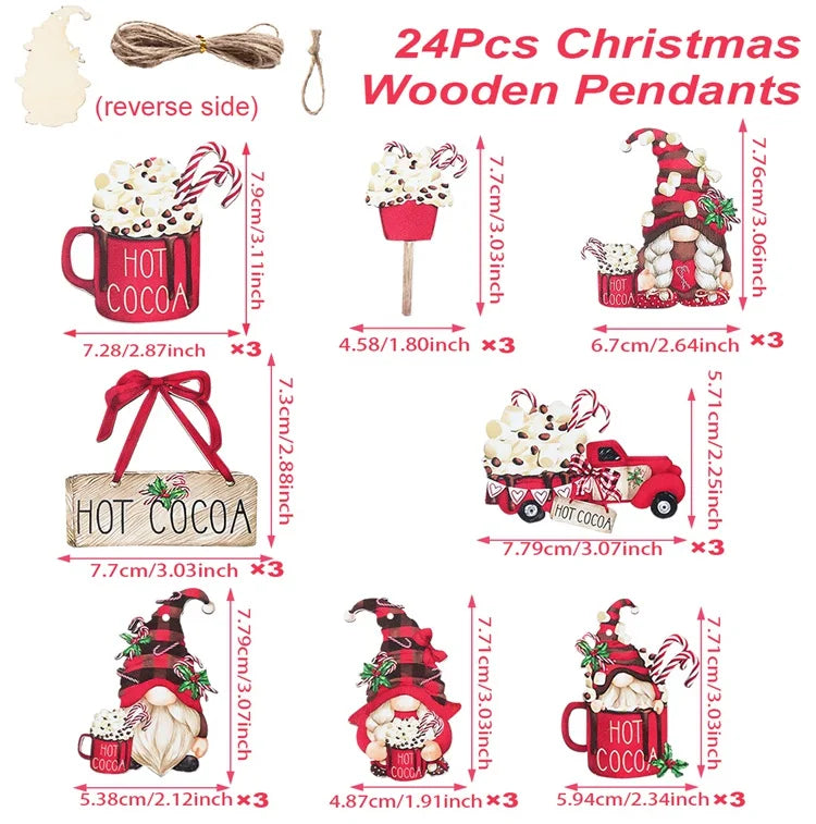 Wooden Christmas ornaments with red cocoa mugs, gnomes, a truck and signs appear on white with centimeter and inch measurements.