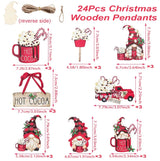 Wooden Christmas ornaments with red cocoa mugs, gnomes, a truck and signs appear on white with centimeter and inch measurements.