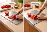 Two side-by-side kitchen scenes showing a stainless steel cutting board in use on a countertop. The left panel shows a flat board with sliced tomatoes sliding, labeled 'Flat board.