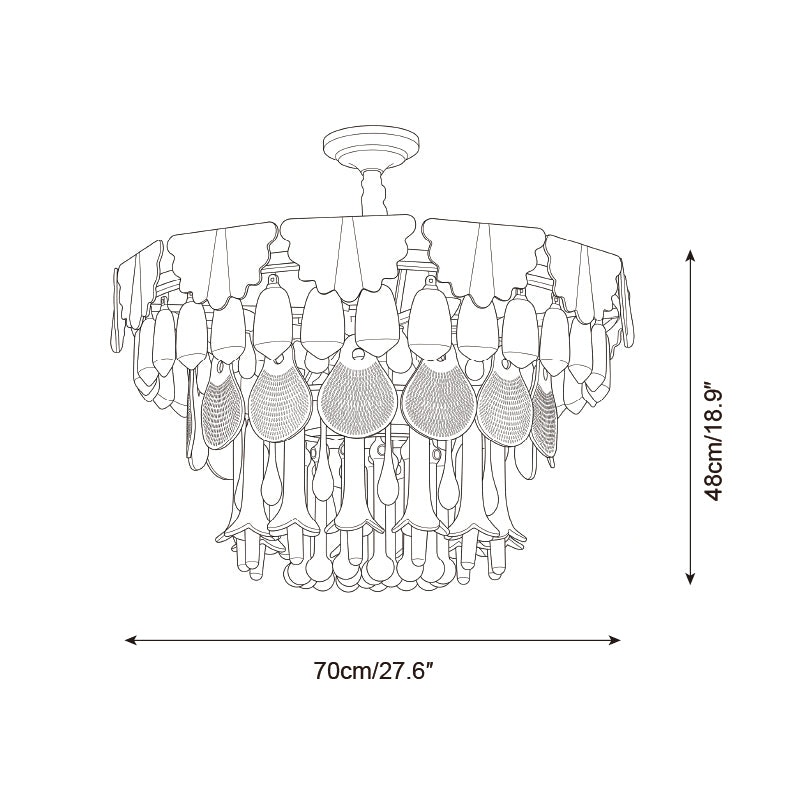 Black and white line drawing of a chandelier with dimension arrows indicating a width of 70cm (27.6") and a height of 48cm (18.