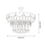 Black and white line drawing of a chandelier with dimension arrows indicating a width of 70cm (27.6") and a height of 48cm (18.