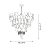 Black and white line drawing of a tiered crystal chandelier with dimension arrows indicating a height of 65cm (25.6") and a width of 70cm (27.