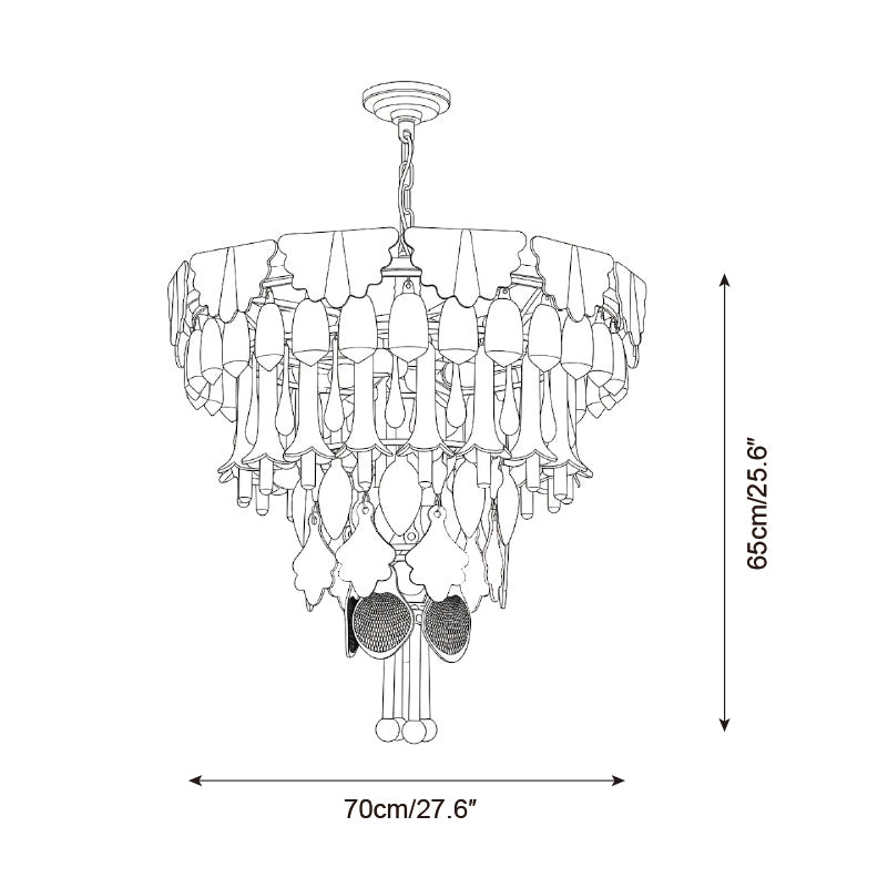 Black and white line drawing of a tiered crystal chandelier with dimension arrows indicating a height of 65cm (25.6") and a width of 70cm (27.