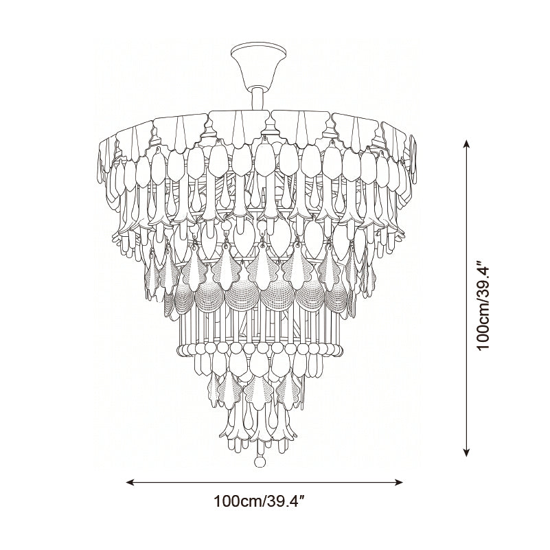 Black and white line drawing of a tiered chandelier with dimension arrows and labels indicating a height of 100cm/39.4 inches and a width of 100cm/39.