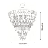 Black and white line drawing of a tiered chandelier with dimension arrows and labels indicating a height of 100cm/39.4 inches and a width of 100cm/39.