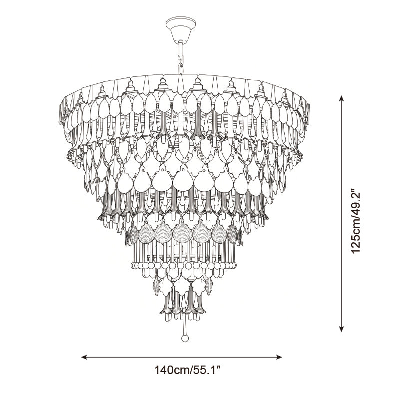 Black and white line drawing of a tiered chandelier with dimension arrows indicating a width of 140cm (55.1 inches) and a height of 125cm (49.