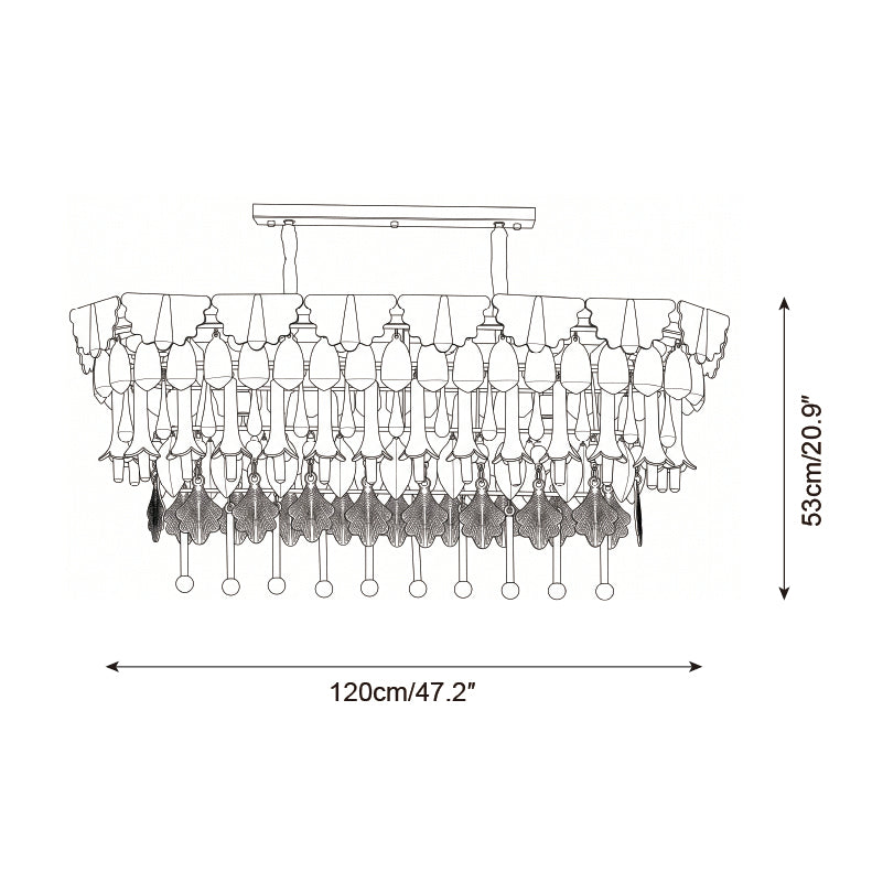 Black and white line drawing of a chandelier with dimension arrows and text indicating 120cm/47.2" width and 53cm/20.