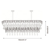 A black and white line drawing schematic of a rectangular chandelier with hanging crystal-like drops, showing dimension arrows labeled 156cm/61.4 inches wide and 53cm/20.