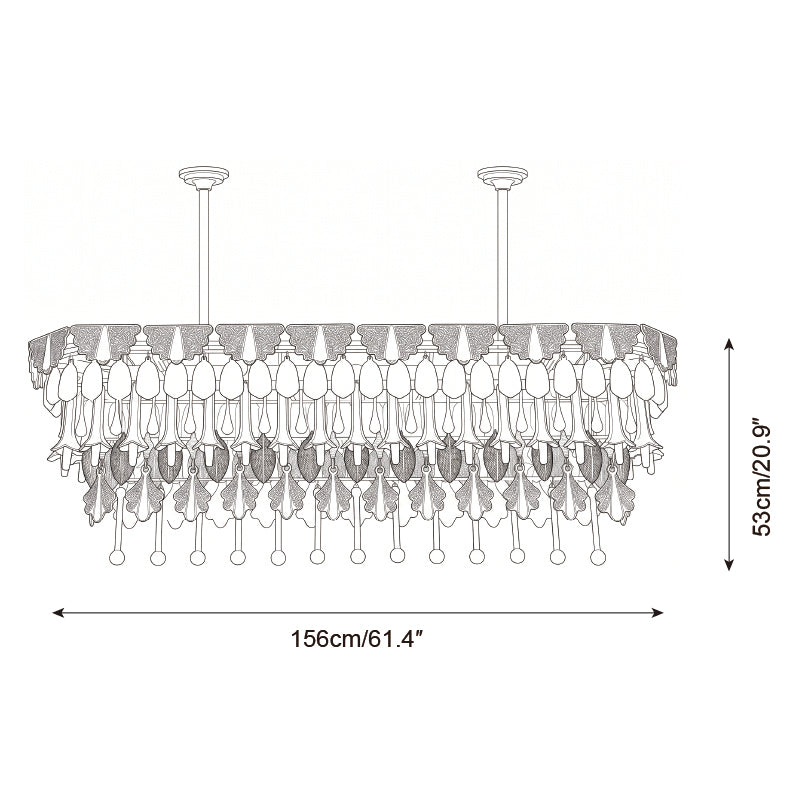 A black and white line drawing schematic of a rectangular chandelier with hanging crystal-like drops, showing dimension arrows labeled 156cm/61.4 inches wide and 53cm/20.