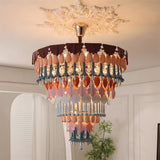 Decorative chandelier hanging in a room with a neutral color scheme.