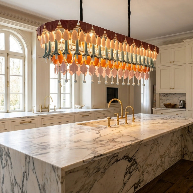Modern kitchen with marble island, colorful chandelier, and white cabinets.
