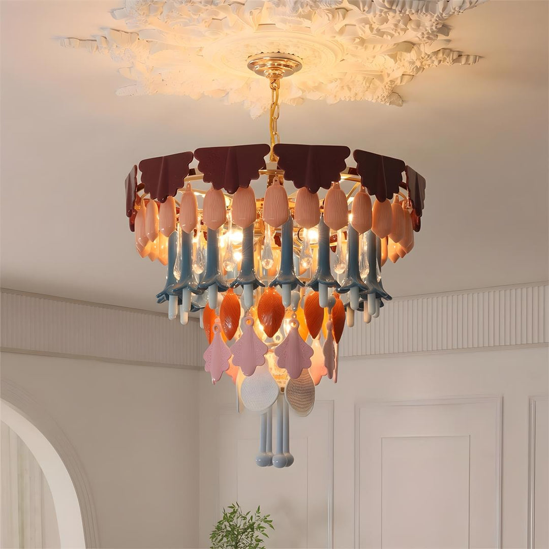 Decorative chandelier with colorful glass shades in a room setting