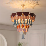 Decorative chandelier with colorful glass shades in a room setting