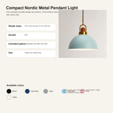 Compact Nordic Metal Pendant Light product information graphic showing a hanging pendant lamp on a light gray background, with text listing shade sizes, socket type, included cord, and use for indoor dry rooms. Available colors are shown at the bottom.