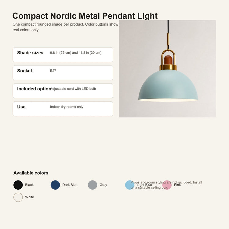 Compact Nordic Metal Pendant Light product information graphic showing a hanging pendant lamp on a light gray background, with text listing shade sizes, socket type, included cord, and use for indoor dry rooms. Available colors are shown at the bottom.