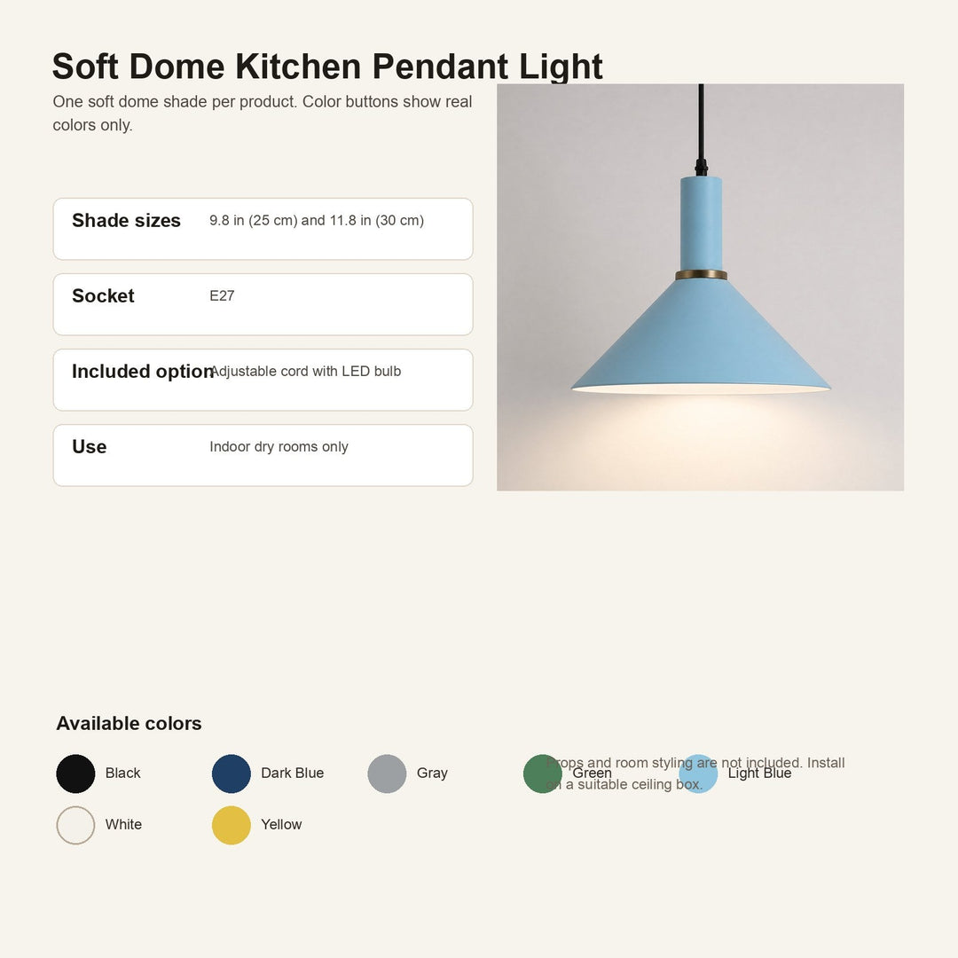 A product information graphic for a Soft Dome Kitchen Pendant Light. The right side shows the light fixture with a light blue dome shade, black cord, and a small gold band, casting a warm white glow.