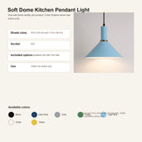 A product information graphic for a Soft Dome Kitchen Pendant Light. The right side shows the light fixture with a light blue dome shade, black cord, and a small gold band, casting a warm white glow.