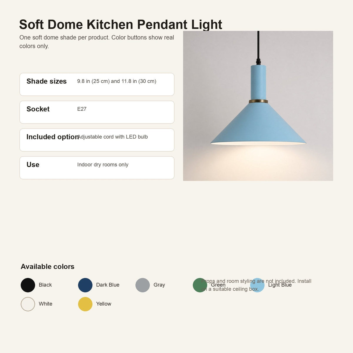 A product information graphic for a Soft Dome Kitchen Pendant Light. The right side shows the light fixture with a light blue dome shade, black cord, and a small gold band, casting a warm white glow.