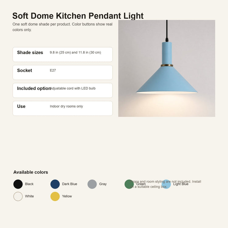 A product information graphic for a Soft Dome Kitchen Pendant Light. The right side shows the light fixture with a light blue dome shade, black cord, and a small gold band, casting a warm white glow.