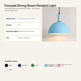 A product information graphic for a focused dining room pendant light. The image shows a light blue dome-shaped pendant shade with a black cord and a small gold accent ring, alongside text describing shade sizes, socket type, included options, and use for indoor dry rooms.